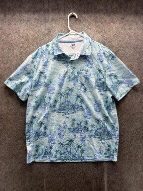 IZOD Saltwater Polo Shirt Mens Large Blue Sailboat Print Tropical Nautical